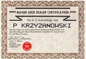 Paul's Mason Shoe Dealer certificate
